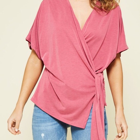 🆕Modal Cupro Knit Pink Raspberry Sorbet Short Flutter Sleeve Genuine Wrap Top - Picture 4 of 6